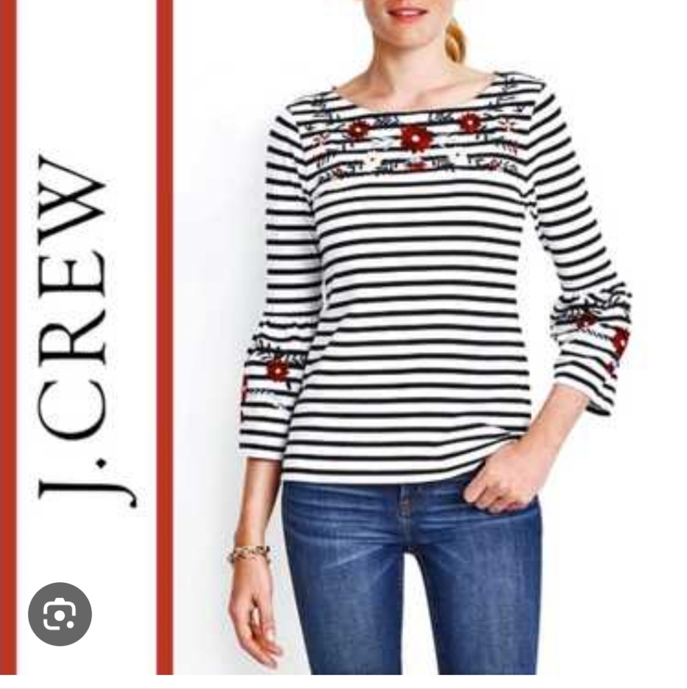 J. Crew Floral Embroidered Striped Top